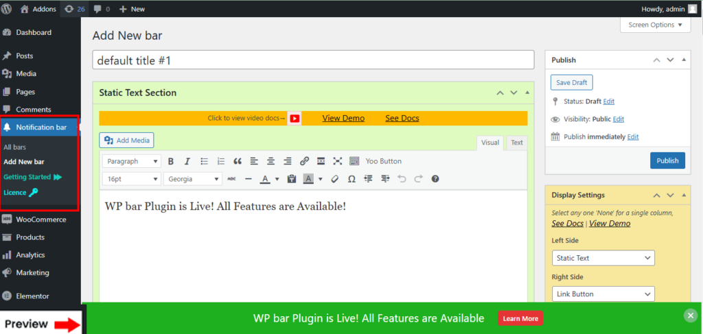 Add New Bar – WP Notification Bar